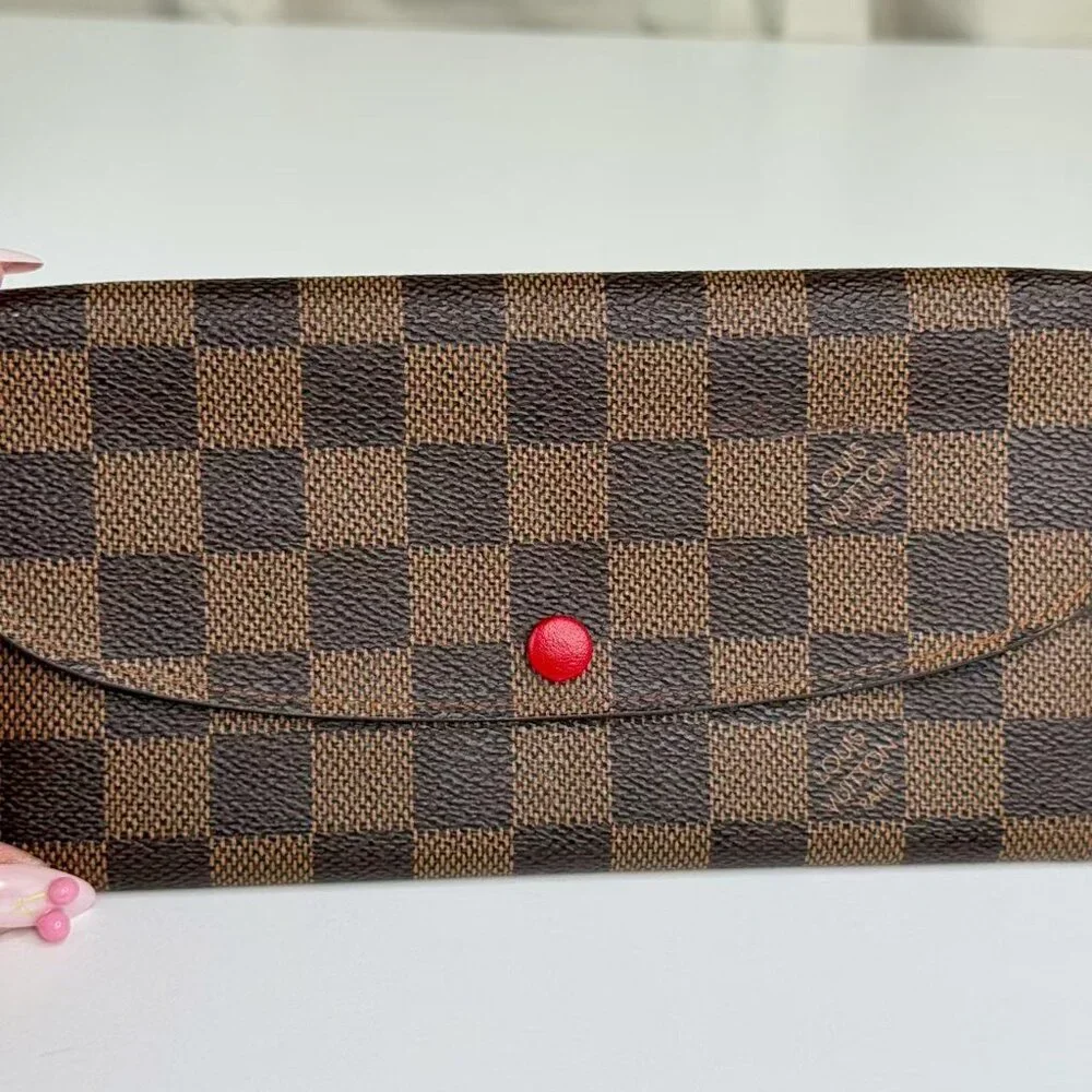 Louis Vuitton Damier Ebene Wallet with Red Button Classic Checkered Desiign